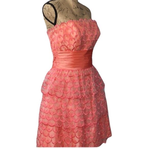Jovani Strapless A-Line Peach Ruffled Lace Designer Women’s Mermaid Mini Dress 2 - Picture 3 of 14